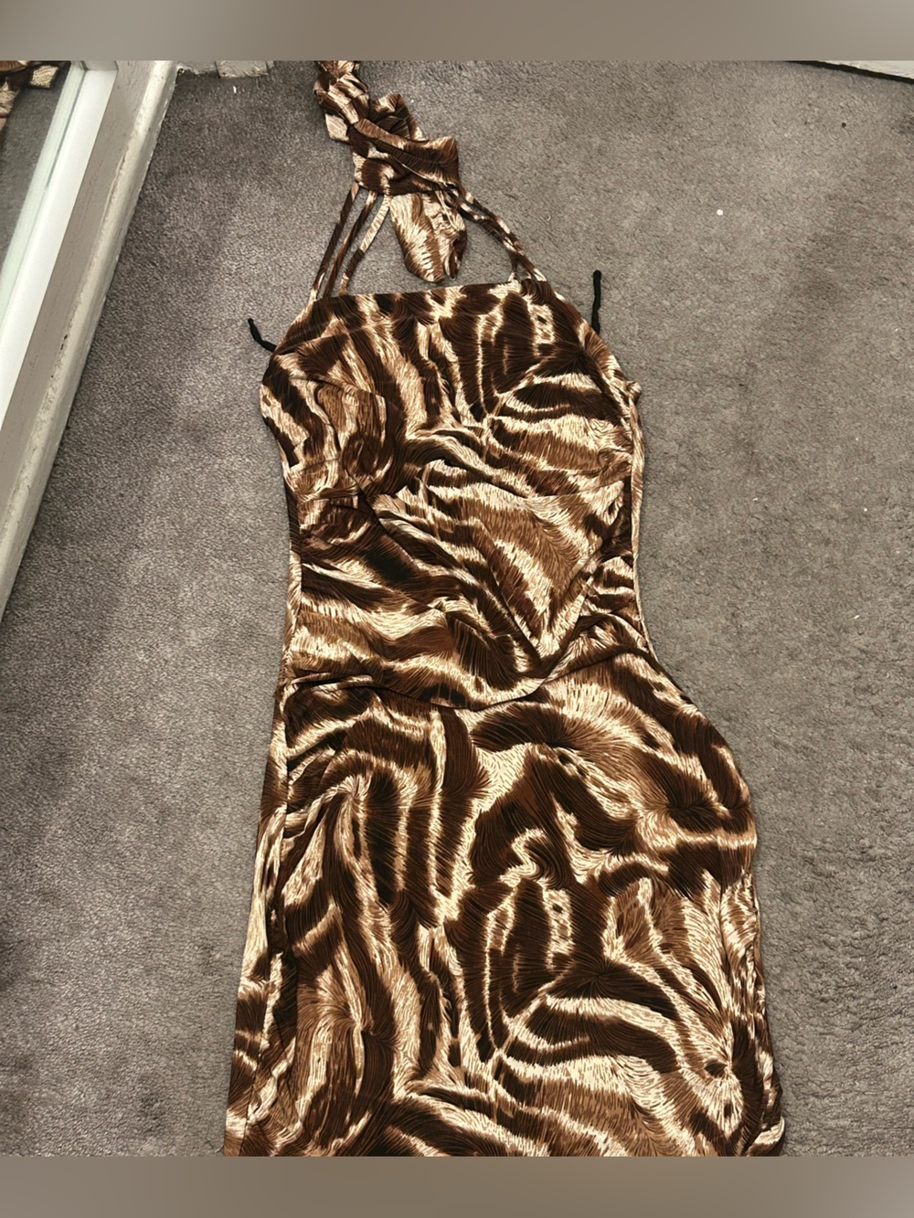 One-Shoulder Brown Animal-Print Dress